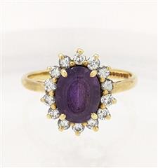 18K 3.45g Yellow Gold Amethyst Diamond Halo Dainty Simple Classic Ring Size-6.75